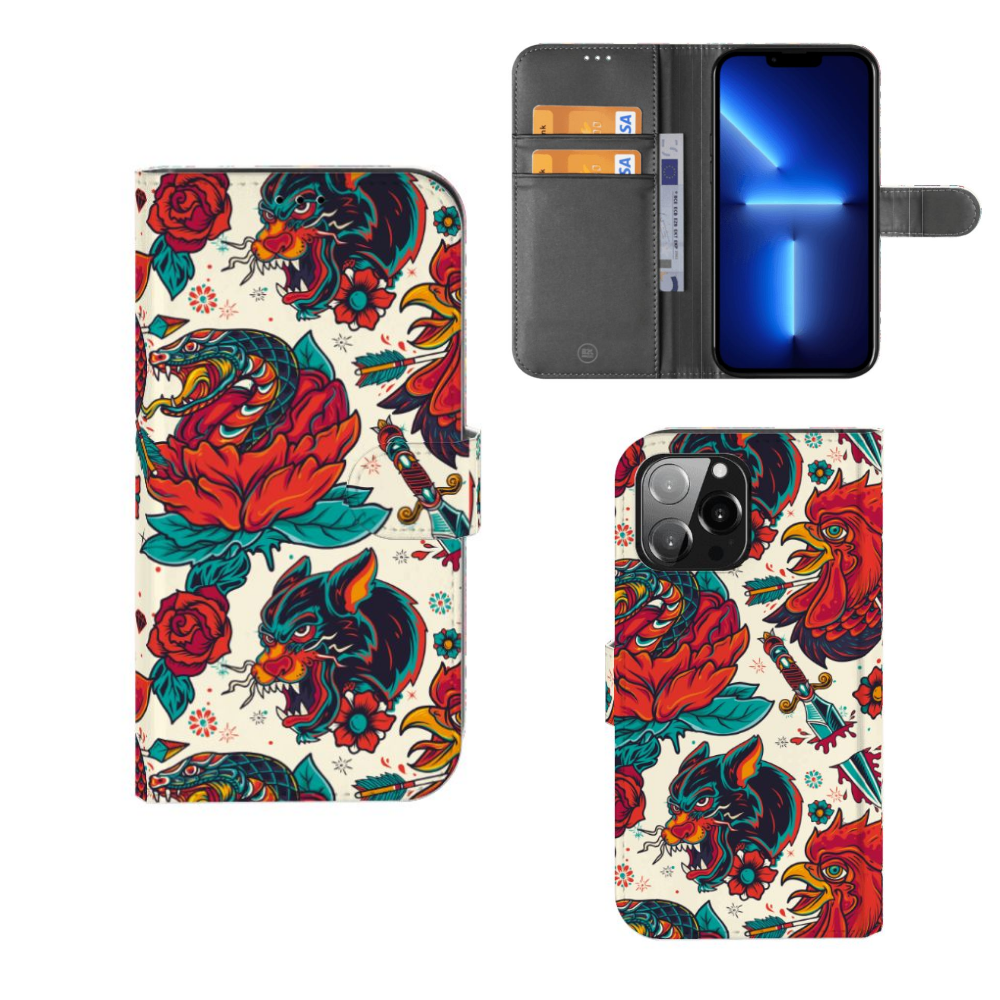 Telefoonhoesje met foto voor iPhone 13 Pro Max Old Skool met vintage tattoo design en ruimte voor pasjes