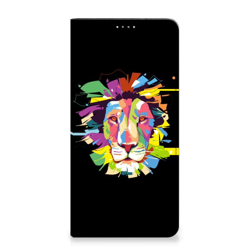 Samsung Galaxy A14 4G Magnet Case Lion Color featuring a colorful lion design on a black background.