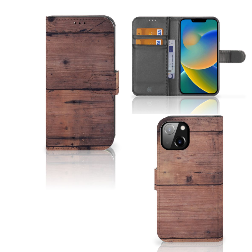 Apple iPhone 14 Book Style Case Old Wood met pasjes, stoere look van oud hout, donkerbruin kunstleer en TPU.