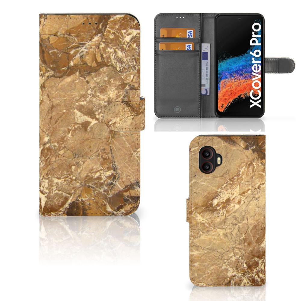 Samsung Galaxy Xcover 6 Pro Bookcase Marmer Creme met luxe marmer design en ruimte voor pasjes.