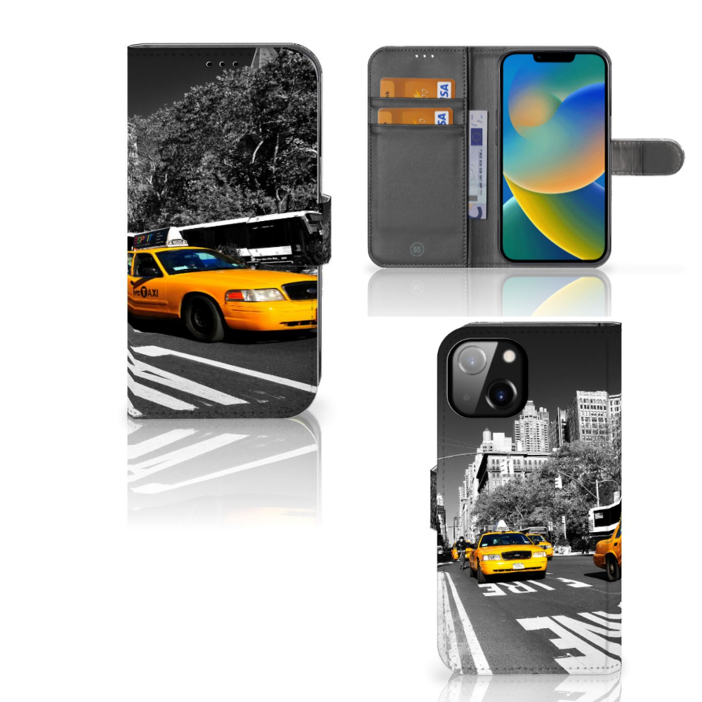 Apple iPhone 14 Flip Cover New York Taxi design met zwart-wit taxi en opbergvakjes voor stijl en functionaliteit đŊ.