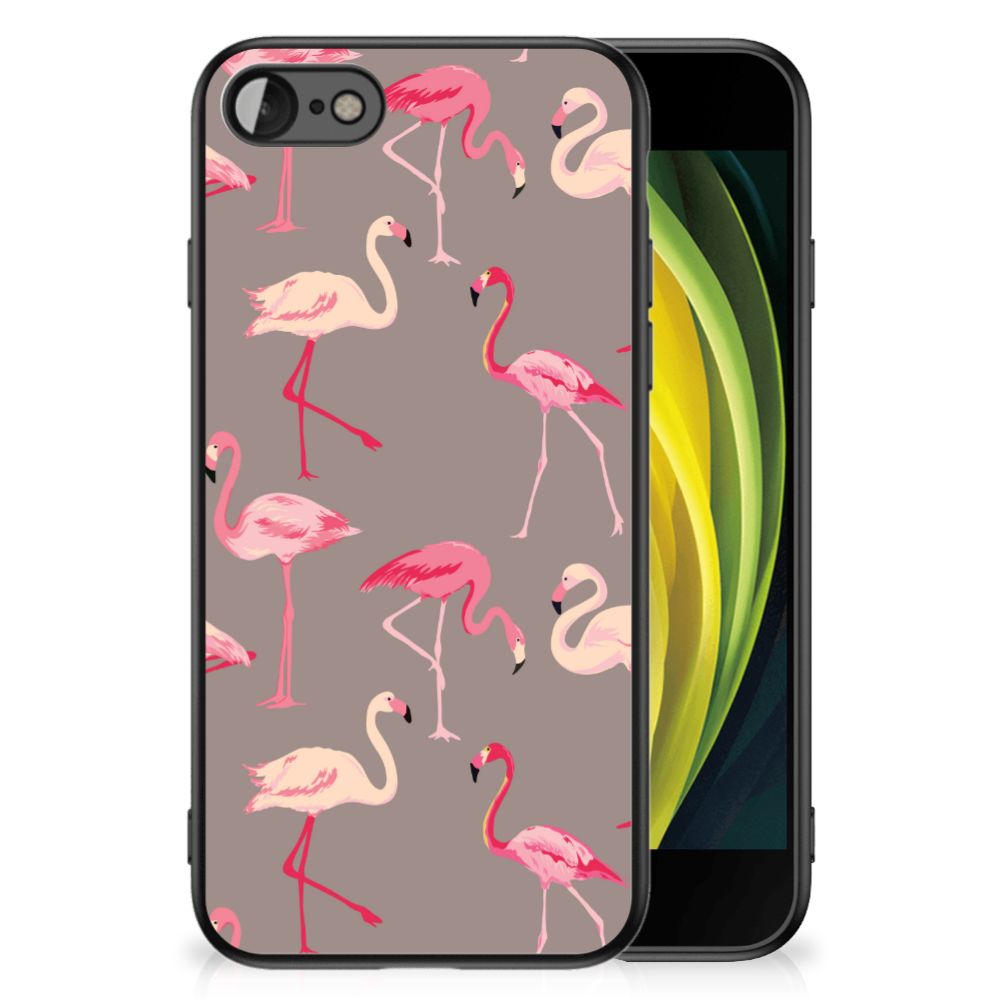 iPhone SE 2022 | SE 2020 | 7/8 Dierenprint Telefoonhoesje Flamingo met schattige flamingo's op een grijze achtergrond.