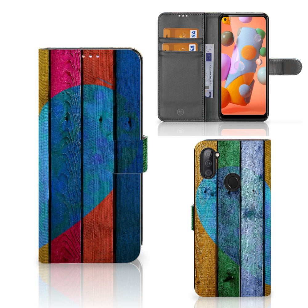 Samsung Galaxy M11 | A11 Book Style Case Wood Heart - Cadeau voor je Vriend