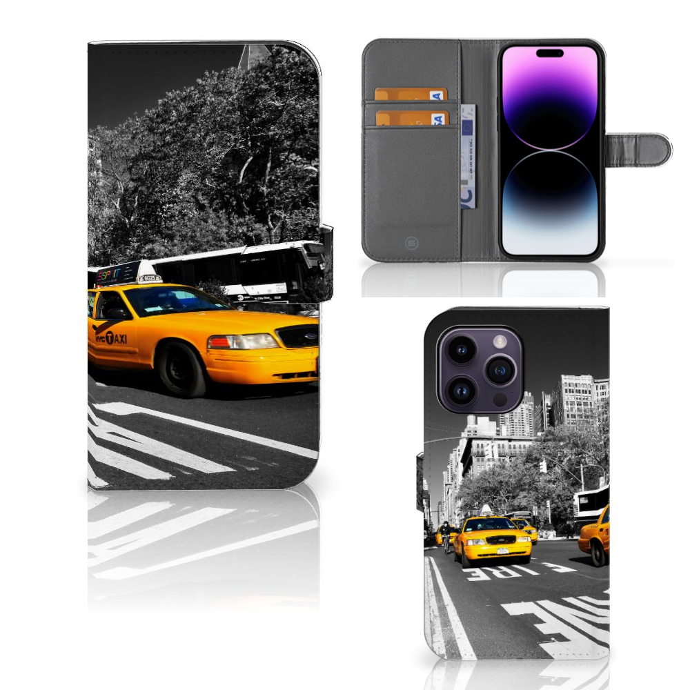 iPhone 15 Pro Max Flip Cover New York Taxi met zwart-wit taxi ontwerp en opbergvakjes đąđ