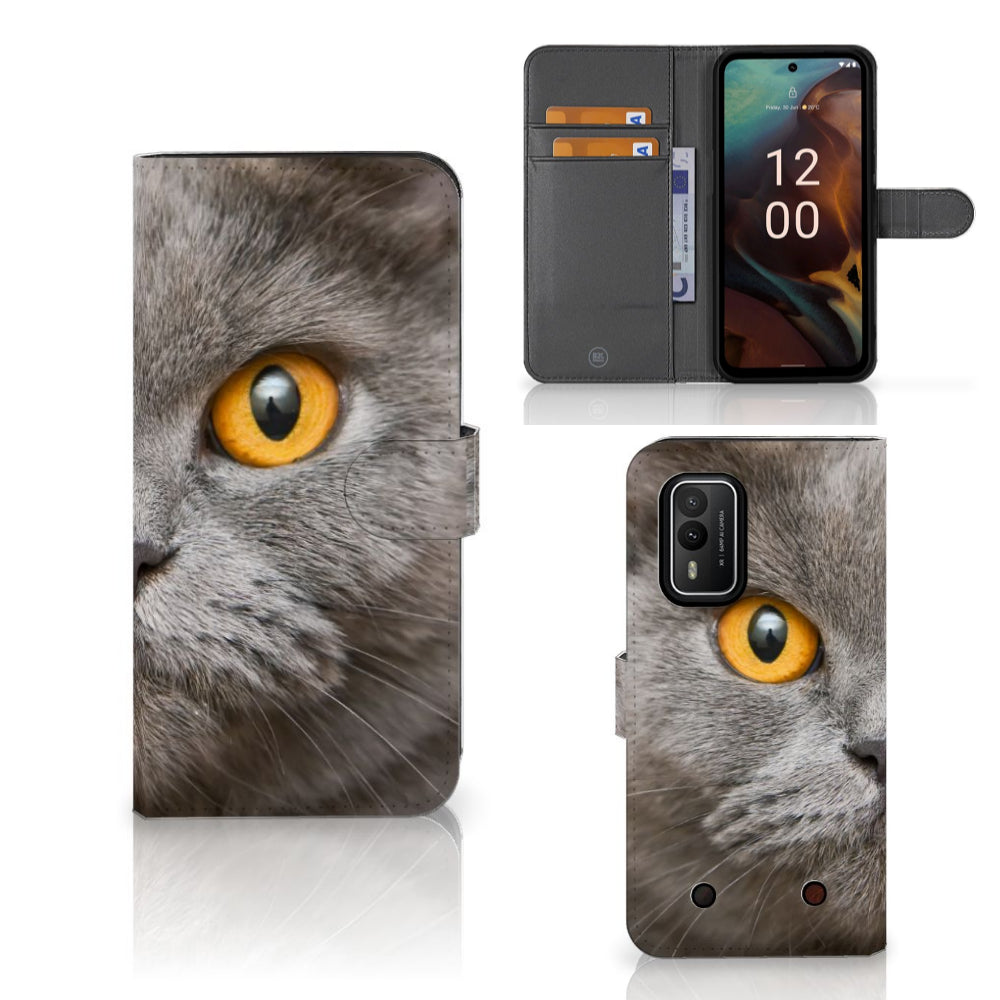 Telefoonhoesje met Pasjes Nokia XR21 Britse Korthaar met opvallende grijze kat met gele ogen
