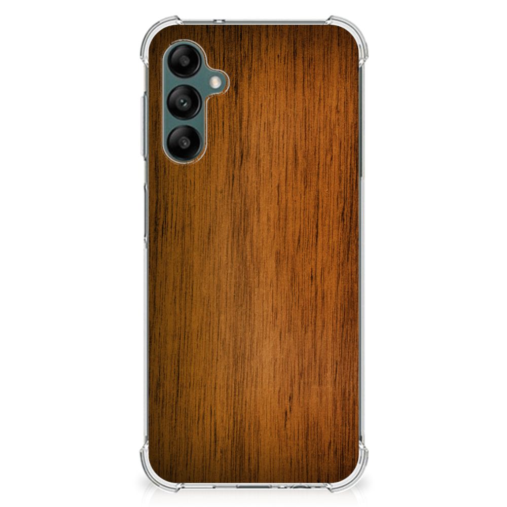 Samsung Galaxy A14 5G/4G Stevig Telefoonhoesje Donker Hout met een stijlvol houten ontwerp.