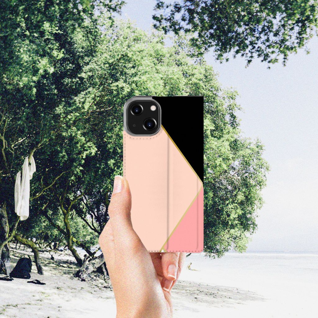 iPhone 14 Stand Case Zwart Roze Vormen met geometrisch design in roze, zwart en wit. Perfecte bescherming! đ¸