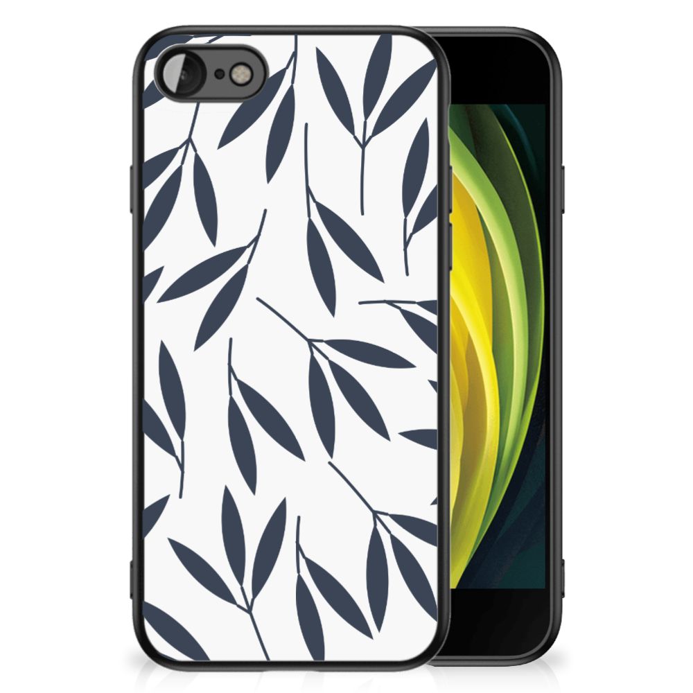 iPhone SE 2022 | SE 2020 | 7/8 Bloemen Hoesje Leaves Blue met bladerenpatroon op een telefoon.