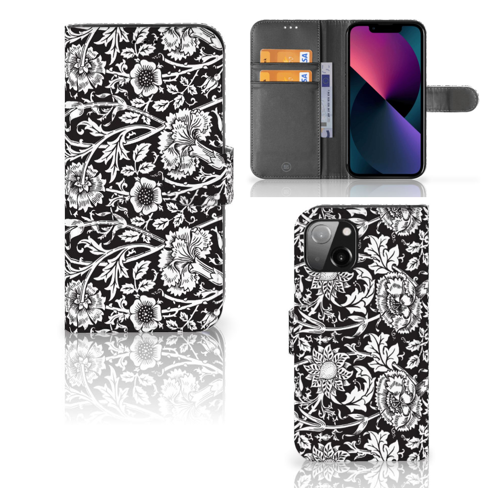 Apple iPhone 13 Hoesje Black Flowers met stijlvolle zwart-witte bloemenprint en ruimte voor pasjes.