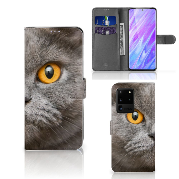 Telefoonhoesje met Pasjes Samsung Galaxy S20 Ultra Britse Korthaar met indrukwekkende kat met gele ogen.