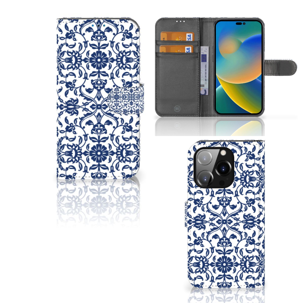 iPhone 14 Pro Hoesje Flower Blue met bloemenpatroon en ruimte voor drie pasjes đ¸