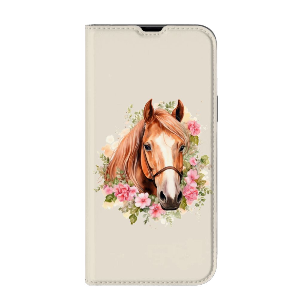 Hoesje maken voor iPhone 13 Pro Max Paard met een prachtige paardenafbeelding en bloemen.