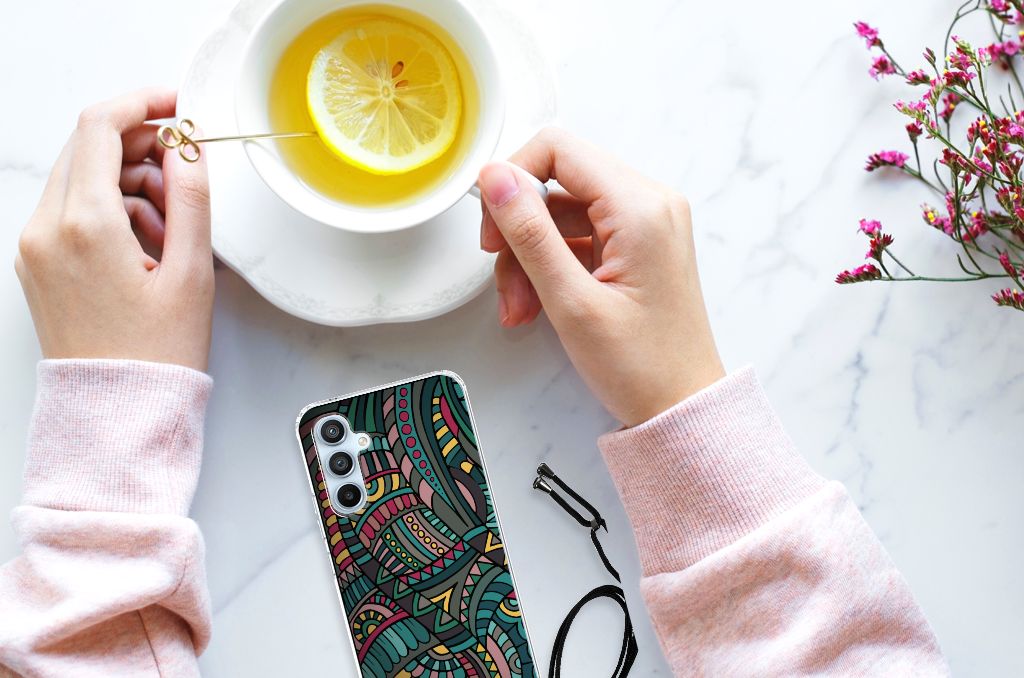 Samsung Galaxy A54 5G Doorzichtige Silicone Hoesje Aztec handen thee tafel