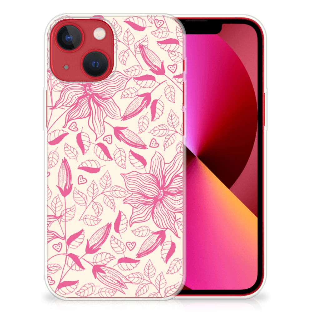 Apple iPhone 13 TPU Case Pink Flowers met roze bloemen print op een witte achtergrond đ¸
