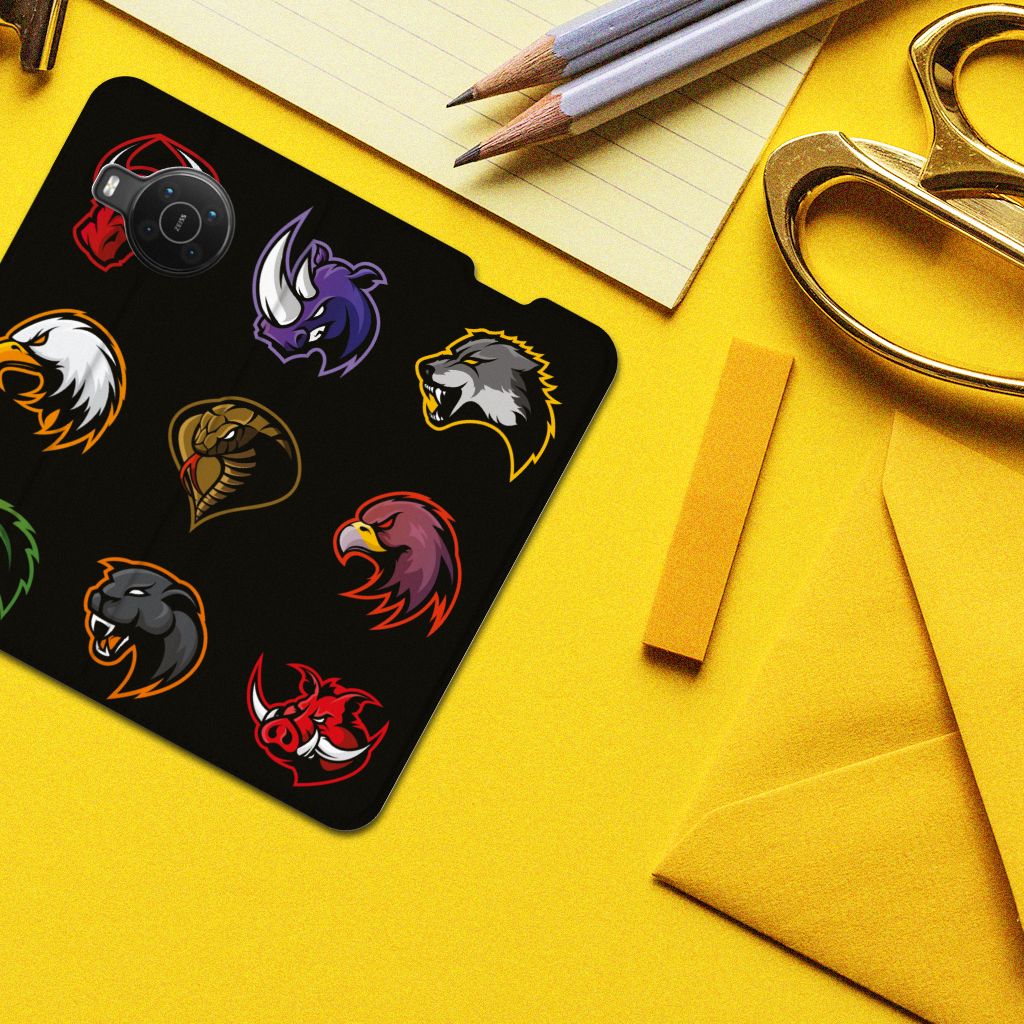 Nokia X20 | X10 Magnet Case Cartoon featuring colorful animal designs on a black background.