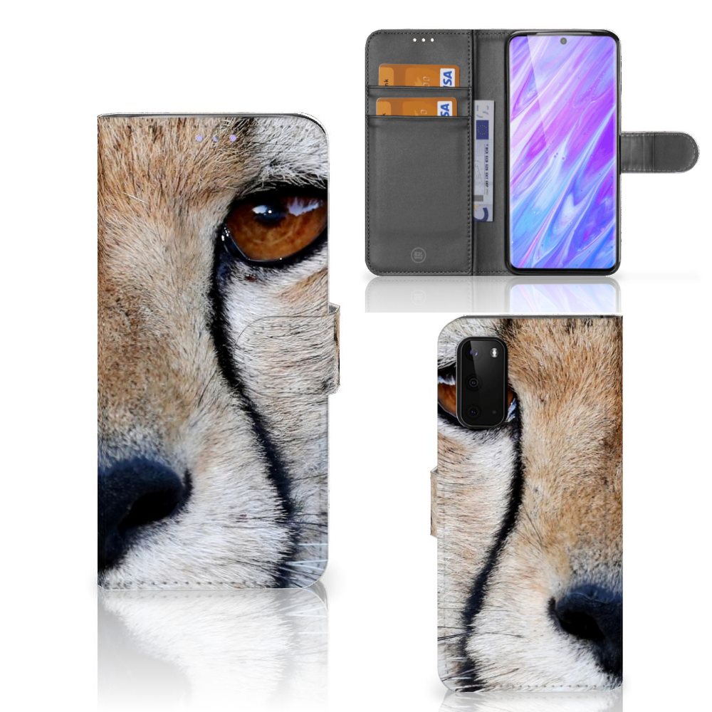 Samsung Galaxy S20 Telefoonhoesje met Pasjes Cheetah met close-up afbeelding van een cheeta.
