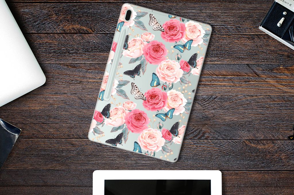 Samsung Galaxy Tab S7FE Siliconen Hoesje Butterfly Roses - B2C Telecom