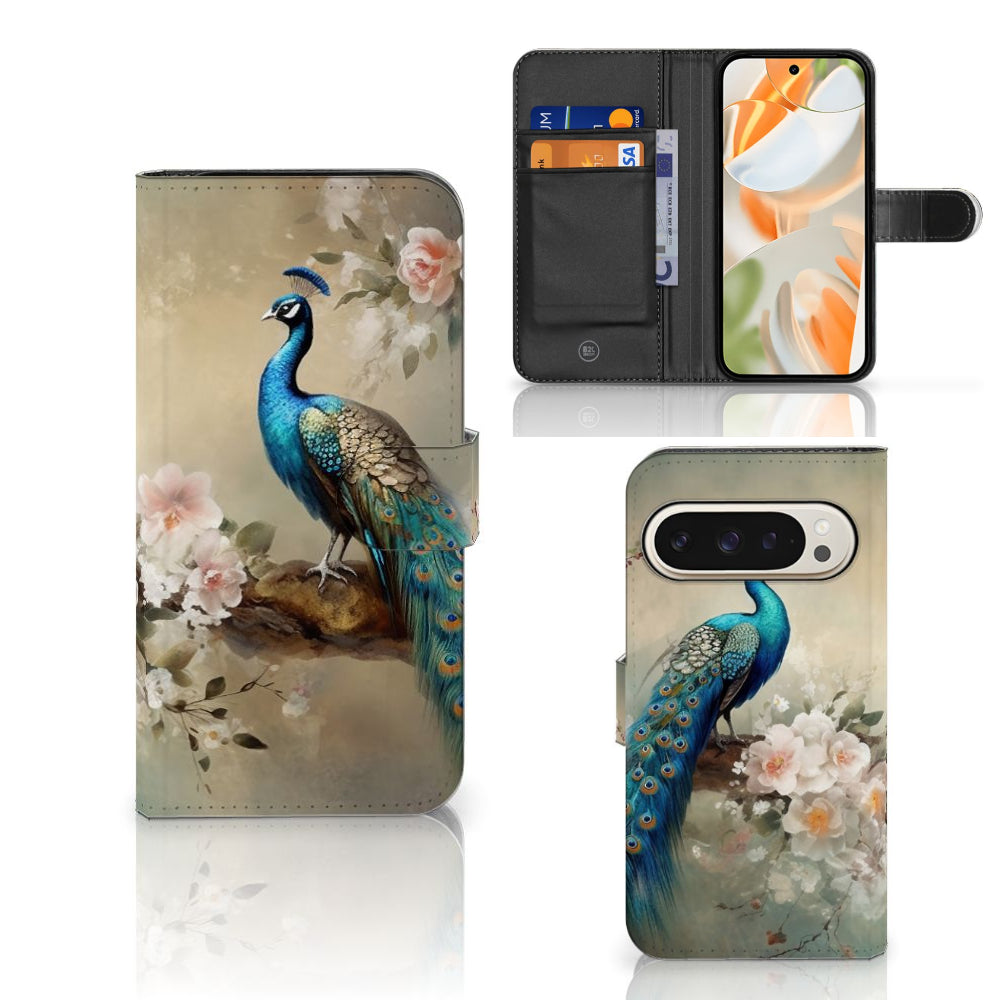 Telefoonhoesje met Pasjes voor Google Pixel 9 | 9 Pro Vintage Pauwen