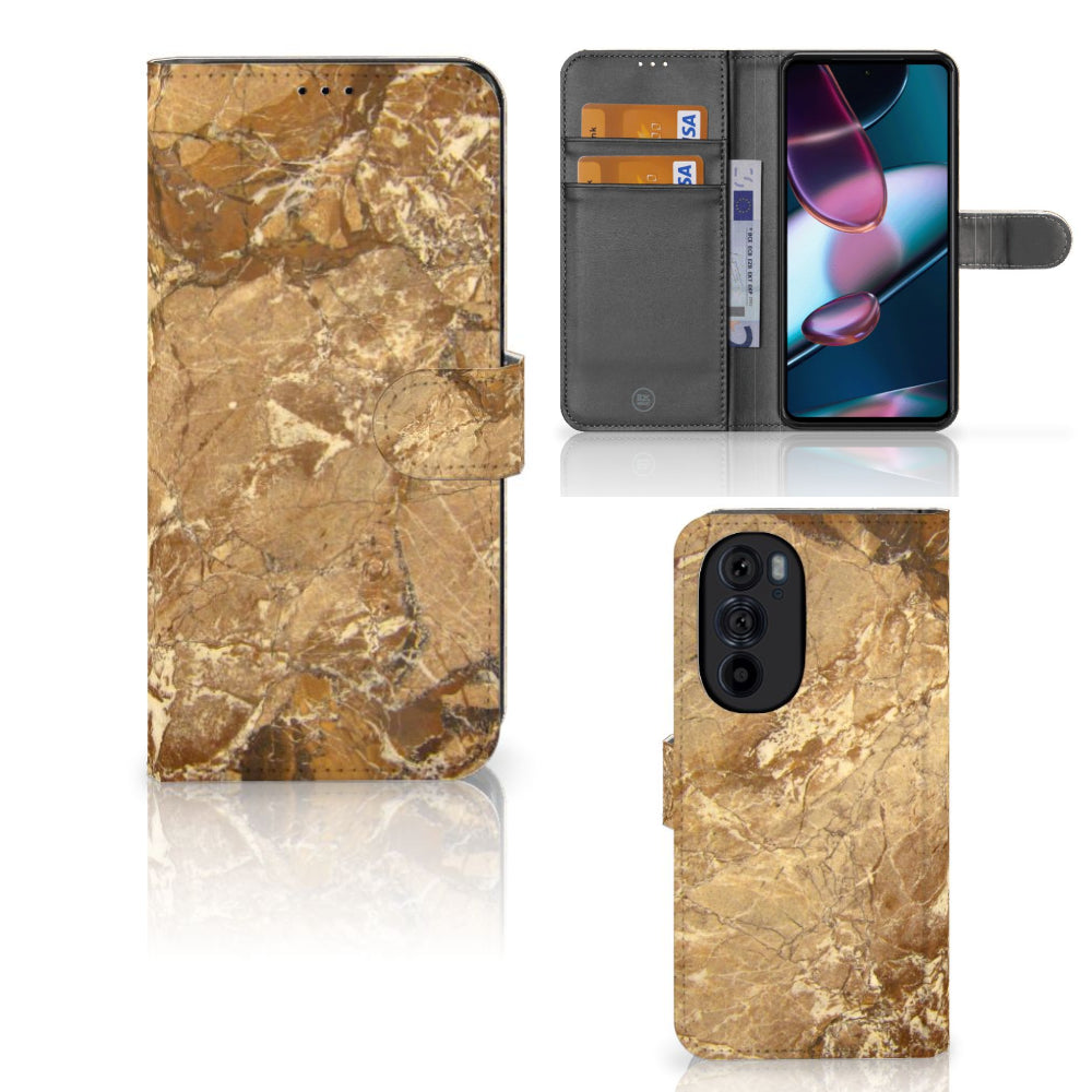 Motorola Edge 30 Pro Bookcase Marmer Creme met pasjes, luxe bescherming in marmerlook design.