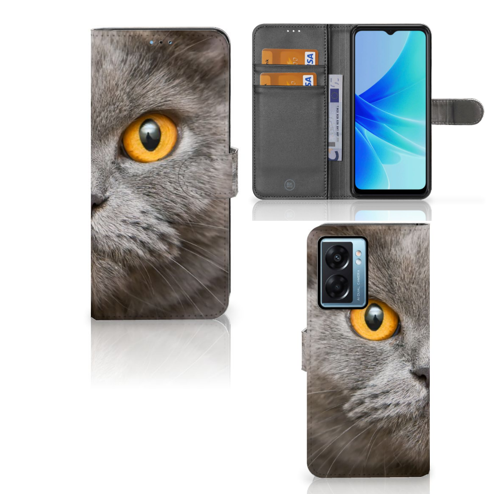 Telefoonhoesje met Pasjes OPPO A77 5G | A57 5G Britse Korthaar met een afbeelding van een grijze kat met gele ogen.