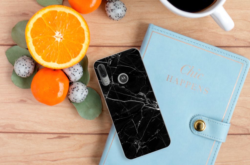 Motorola Moto E6 Plus TPU Siliconen Hoesje Marmer Zwart - Origineel Cadeau Vader