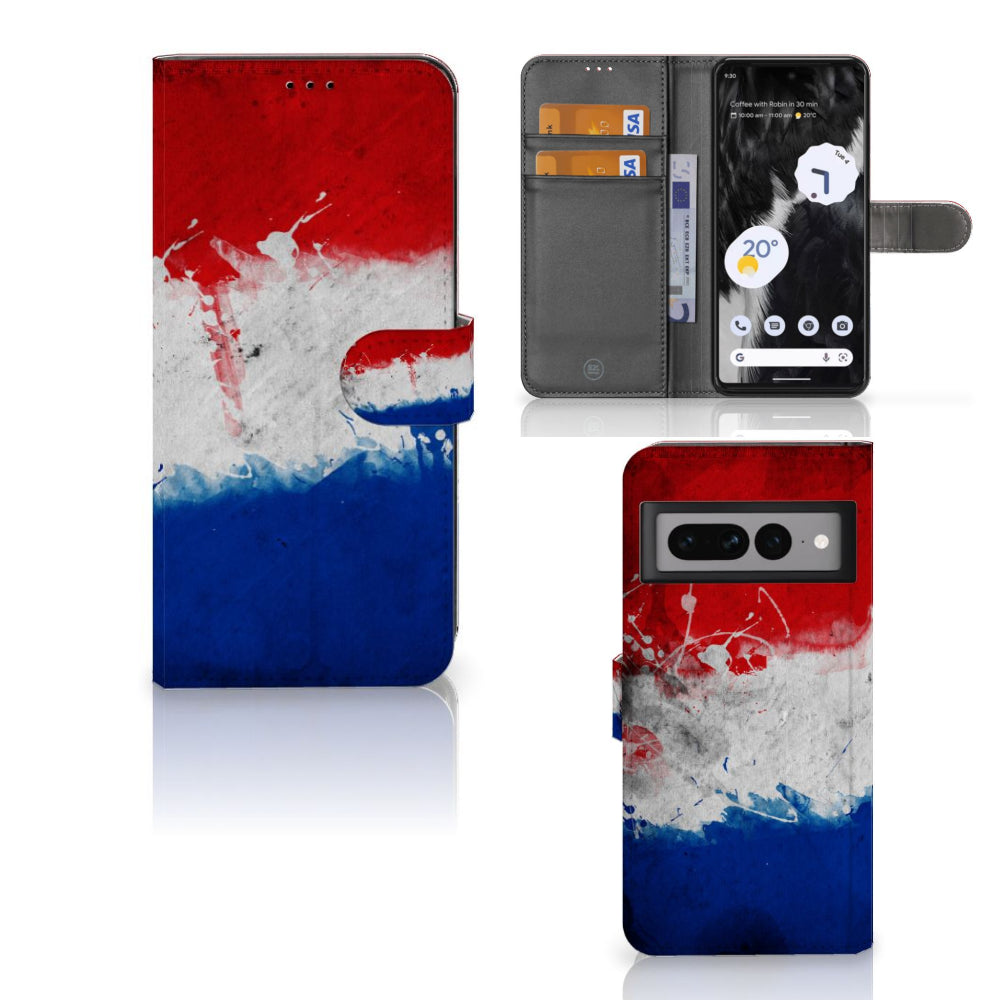 Google Pixel 7 Pro Bookstyle Case Nederland met artistiek ontwerp van de Nederlandse vlag