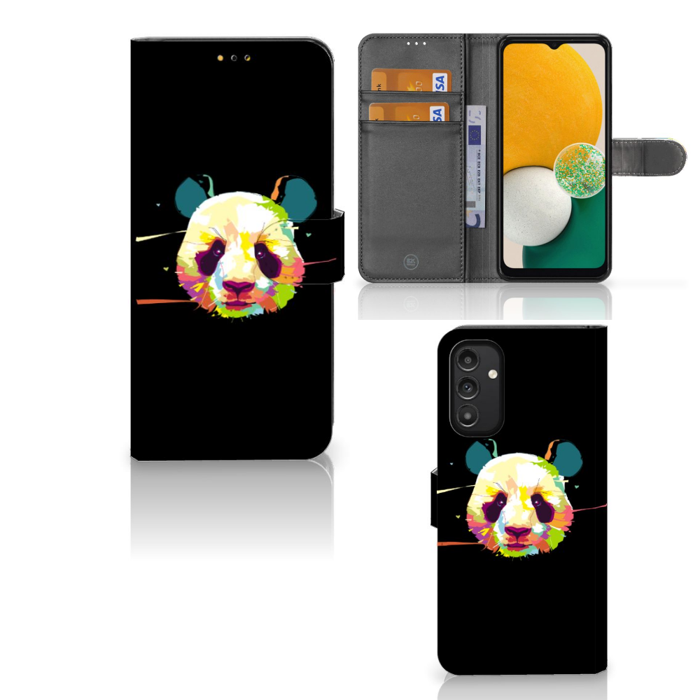Samsung Galaxy A14 5G Leuk Hoesje Panda Color met kleurrijke panda afdruk en ruimte voor pasjes.