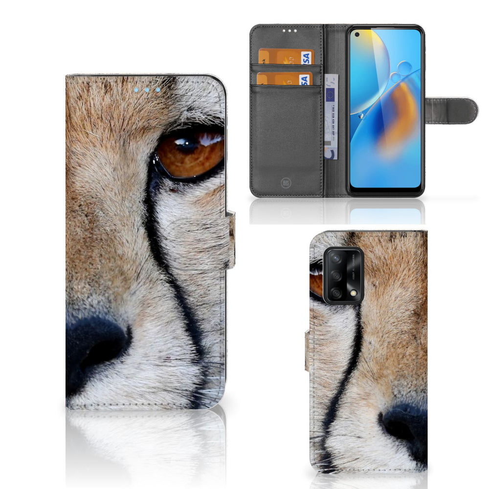 OPPO A74 4G Telefoonhoesje met Pasjes Cheetah met close-up van een cheeta
