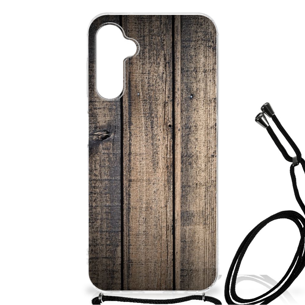 Samsung Galaxy A14 5G Stevig Telefoonhoesje Steigerhout met houten design en opstaande randen