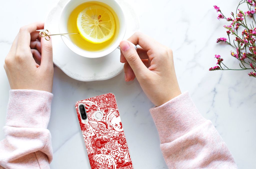 Silicone Back Case Huawei P30 Lite Angel Skull Rood