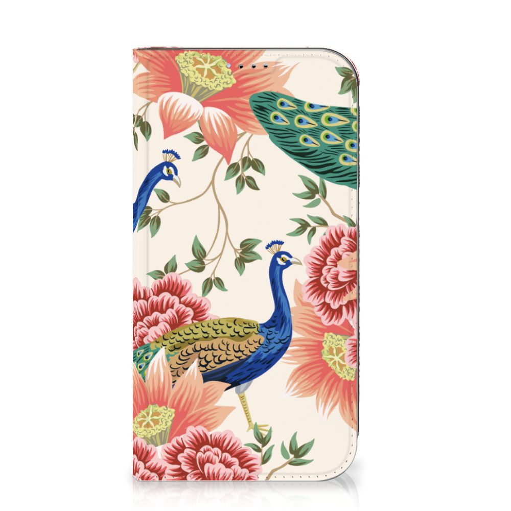 Hoesje maken voor iPhone 15 Pink Peacock met prachtig pauwen- en bloemenontwerp.