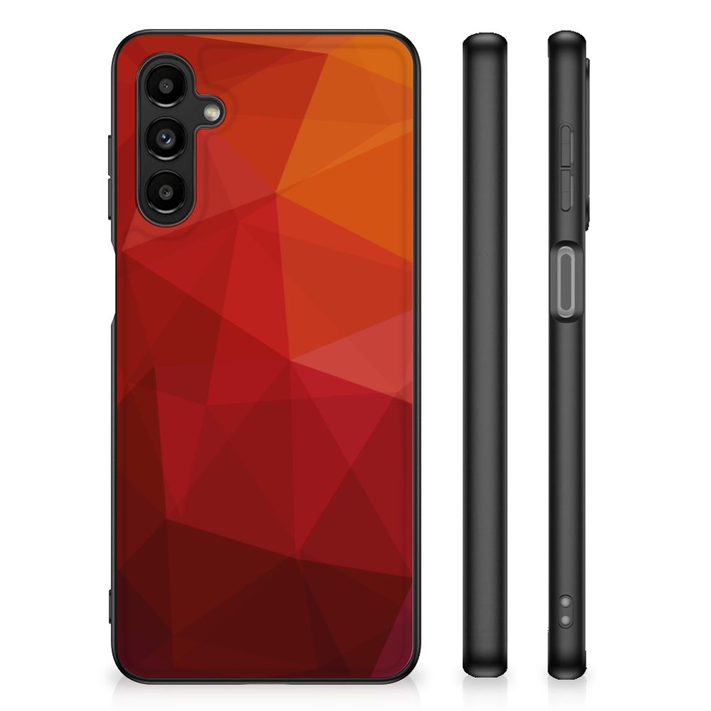 Backcover voor Samsung Galaxy A14 5G Polygon Red met abstracte polygonale vormen in rood en oranje tinten.