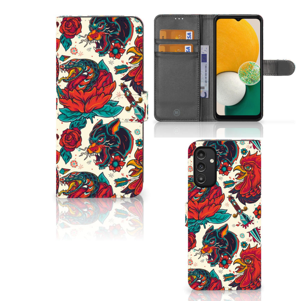 Telefoonhoesje met foto voor Samsung Galaxy A14 5G Old Skool met vintage tattoo design en ruimte voor drie pasjes.