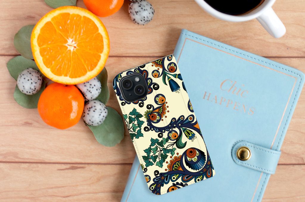 Telefoon Hoesje iPhone 15 Barok Flower met kleurrijke bloemen en ogen, perfect voor bloemenliefhebbers đ¸.