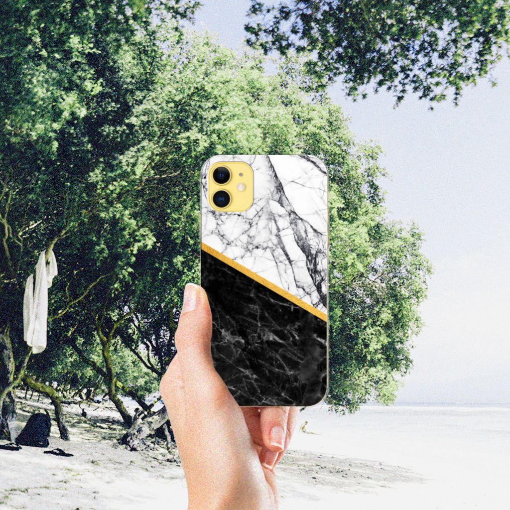 Apple iPhone 11 TPU Siliconen Hoesje Marmer Wit Zwart - Origineel Cadeau Man