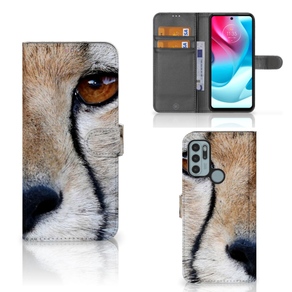 Motorola Moto G60s Telefoonhoesje met Pasjes Cheetah met close-up van cheeta oog en pasjes ruimte