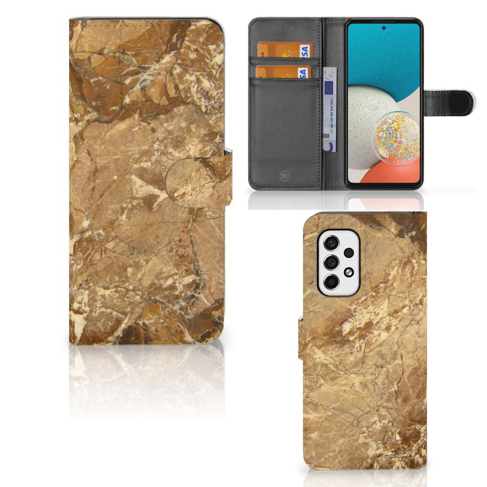 Samsung Galaxy A53 Bookcase Marmer Creme met luxe marmerdesign en pasjeshouder, ideaal voor bescherming en stijl.