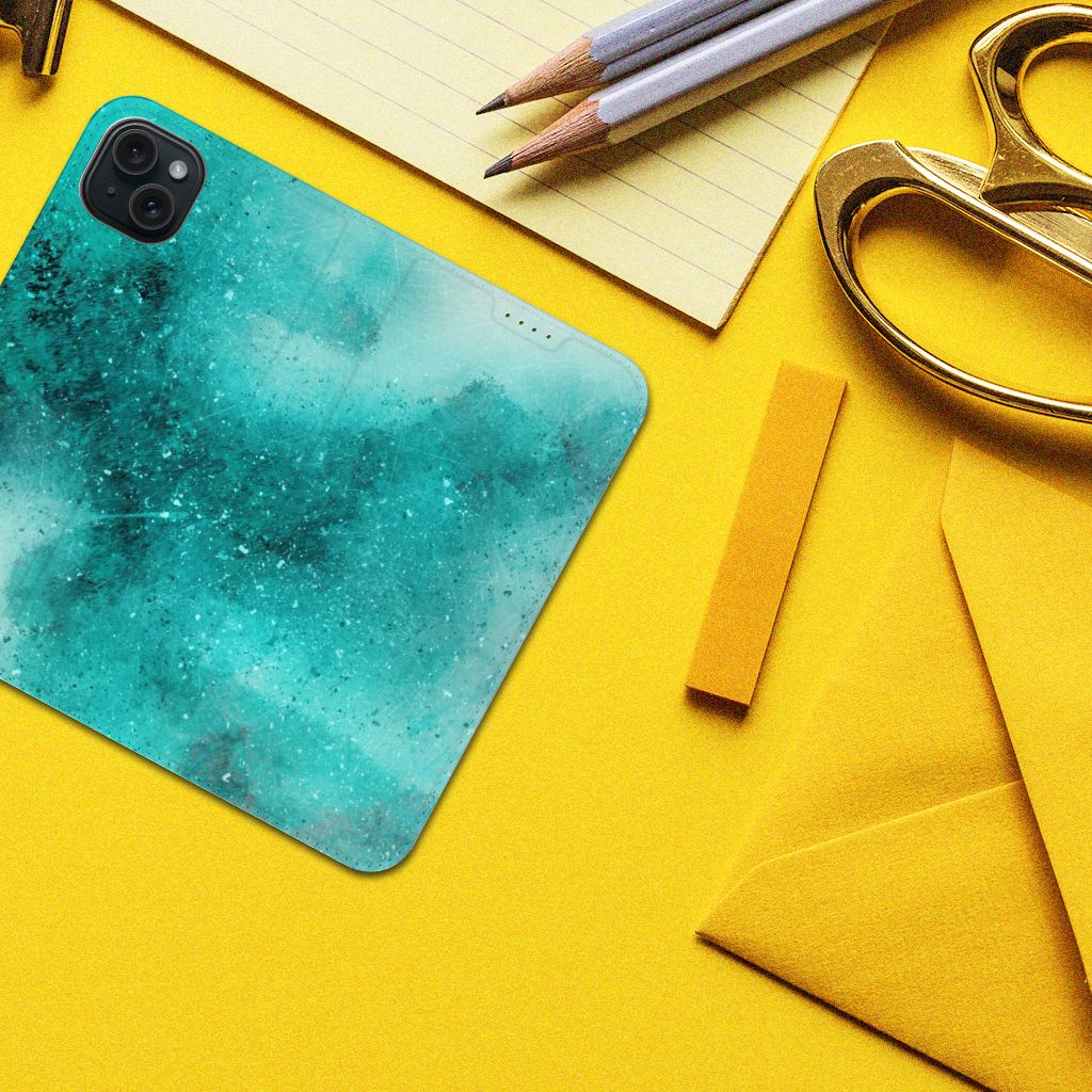 Bookcase iPhone 15 Plus Painting Blue design on a vibrant yellow background, featuring an artistic teal pattern.