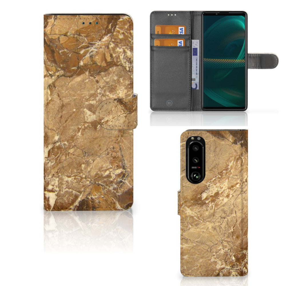 Sony Xperia 5III Bookcase Marmer Creme met pasjes en luxe uitstraling in marmer design.