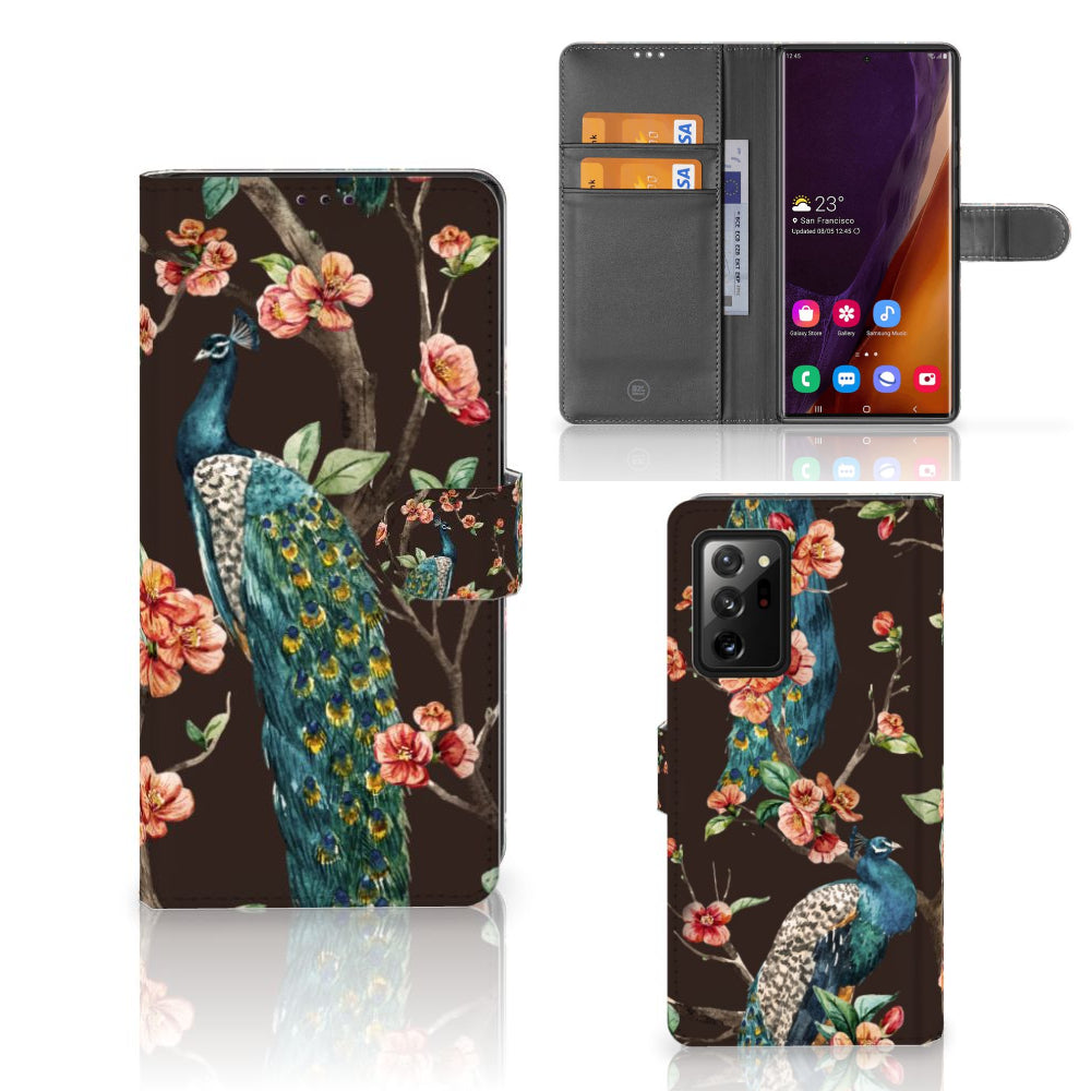 Samsung Galaxy Note20 Ultra Telefoonhoesje met Pasjes Pauw met Bloemen