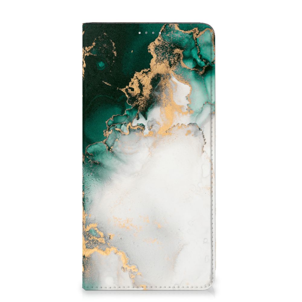 Standcase voor Samsung Galaxy A14 5G Marmer Groen met elegant marmerdesign in groen en goud.