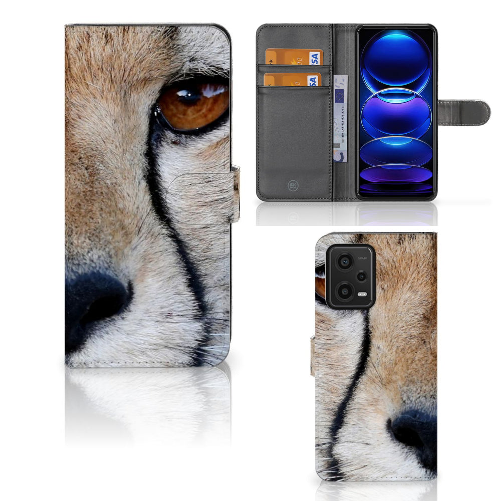 Xiaomi Redmi Note 12 5G | Poco X5 Telefoonhoesje met Pasjes Cheetah met close-up van een cheeta op de voorkant.