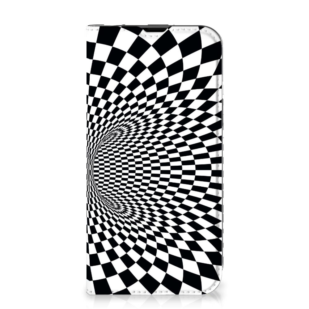 iPhone 14 Stand Case Illusie met een zwart-witte illusieprint voor een unieke look.