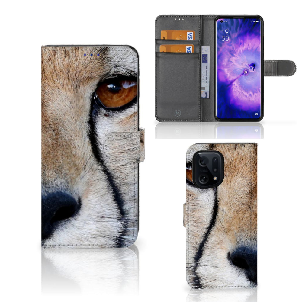 OPPO Find X5 Telefoonhoesje met Pasjes Cheetah met close-up van cheeta oog en ruimte voor 3 pasjes.