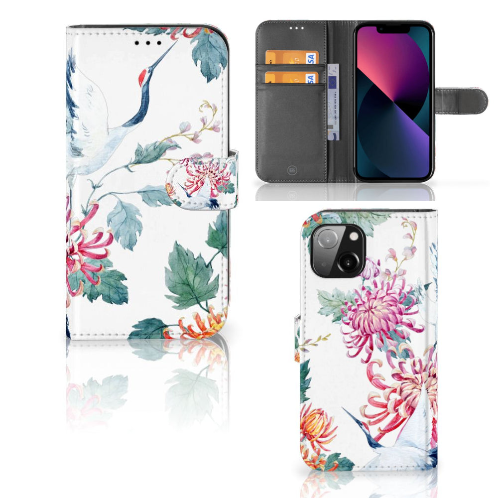 Apple iPhone 13 Telefoonhoesje met Pasjes Bird Flowers