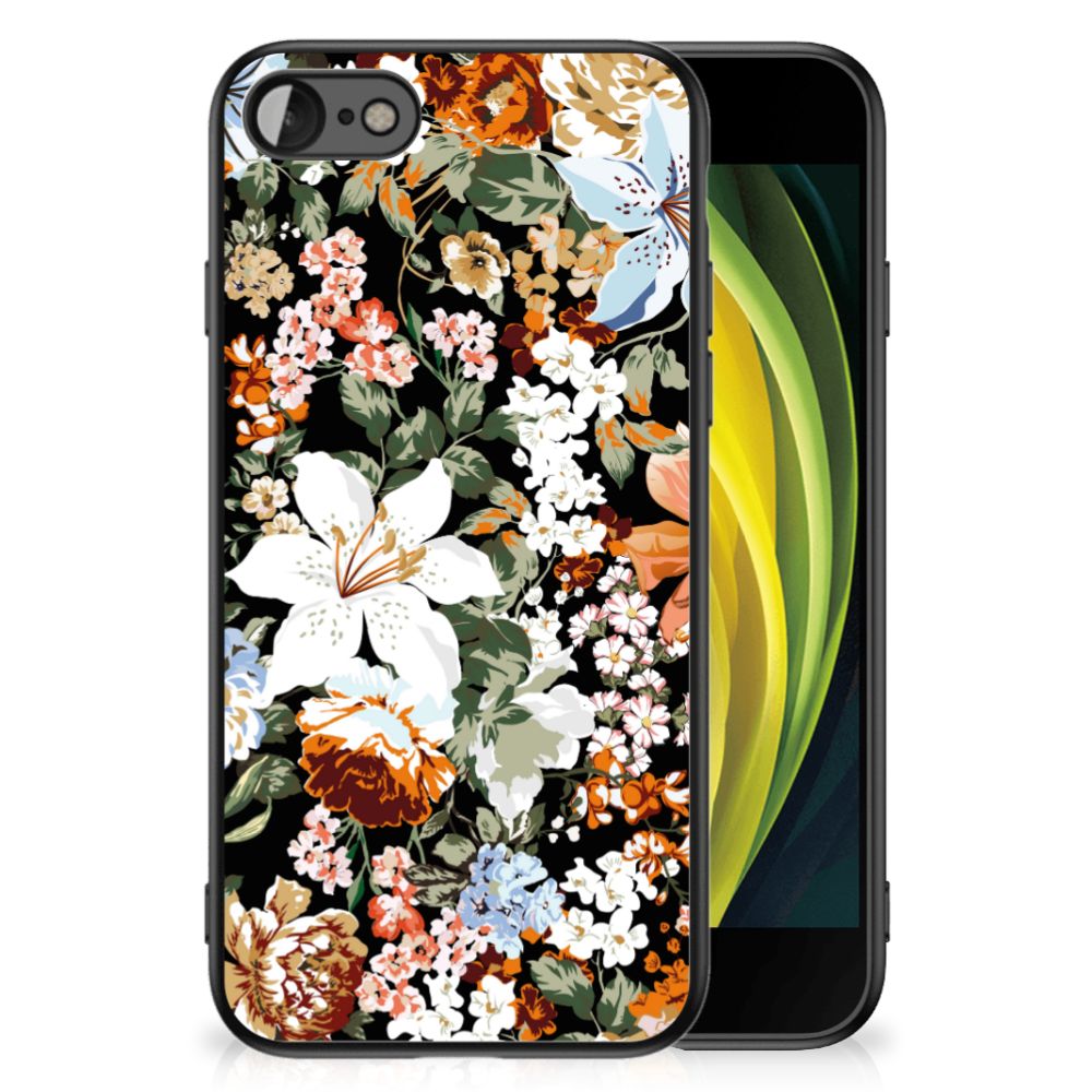 Bloemen Hoesje voor iPhone SE 2022 | SE 2020 | 7/8 Dark Flowers met kleurrijke bloemen op zwarte achtergrond.