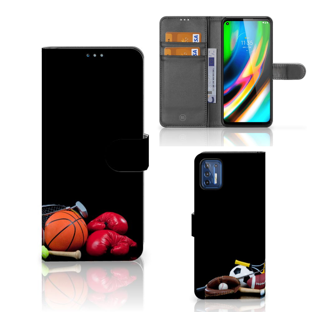 Motorola Moto G9 Plus Wallet Case met Pasjes Sports met sportafbeeldingen zoals basketbal en bokshandschoenen.