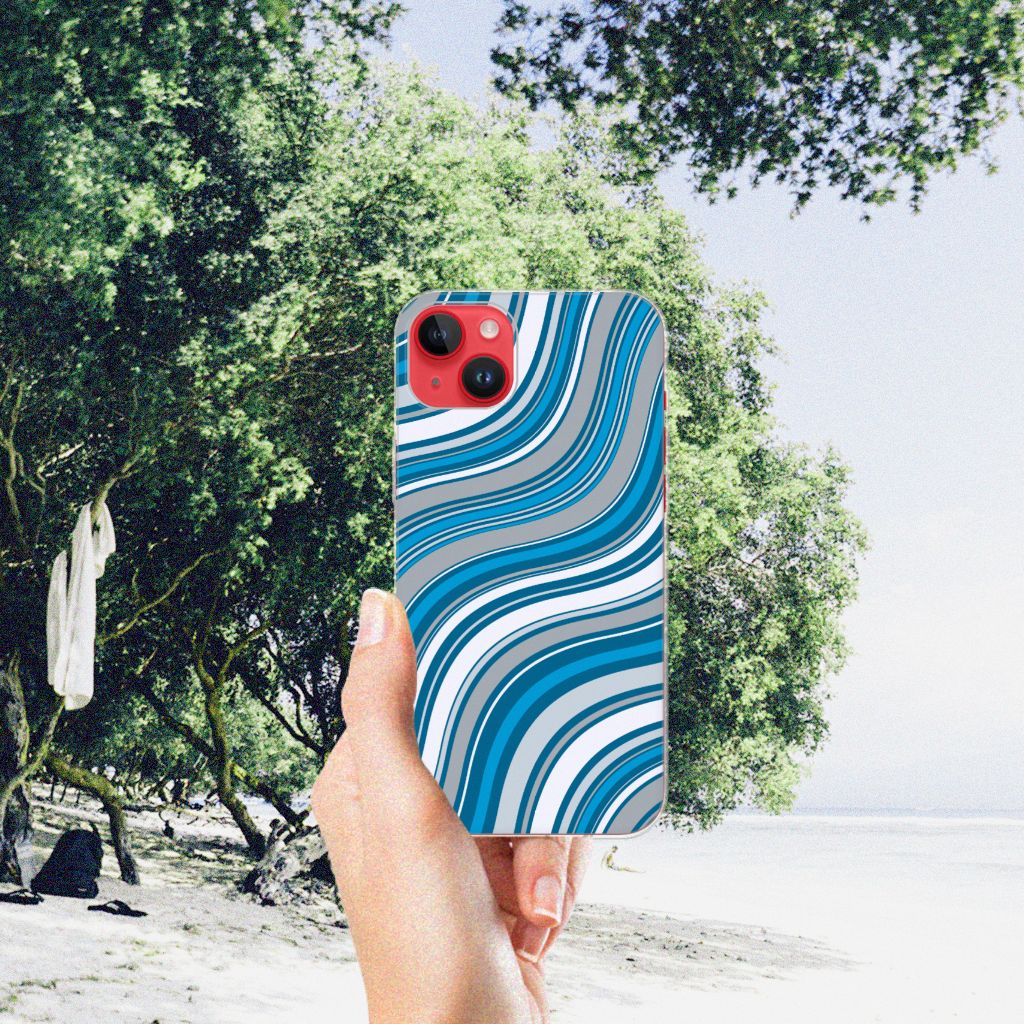 iPhone 14 Plus TPU bumper Waves Blue met een golvend design en vrolijke kleuren đ.