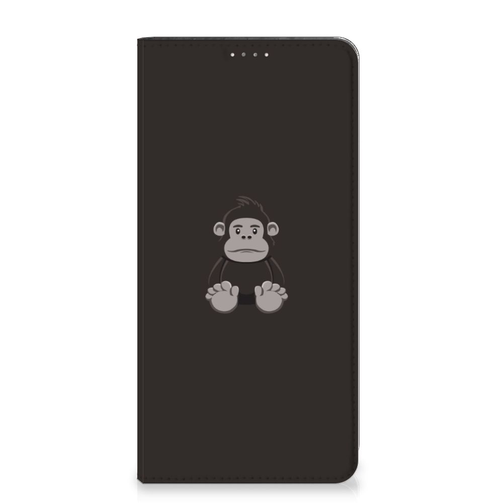 Samsung Galaxy A14 5G Magnet Case Gorilla design met schattige gorilla afbeelding op een zwarte achtergrond.