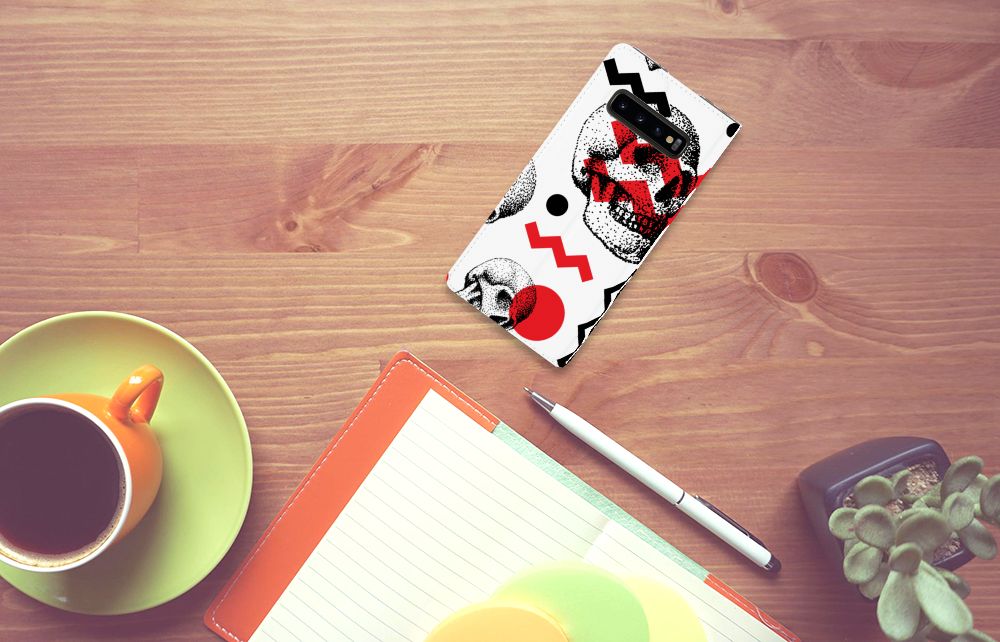 Mobiel BookCase Samsung Galaxy S10 Plus Skull Red
